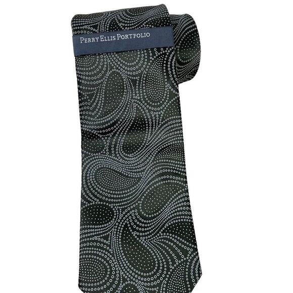 Perry Ellis Portfolio Mens Gray Olive Paisley 100% Silk Hand Made Necktie Tie - Picture 1 of 16